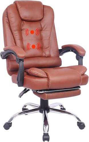 Big and Tall Office Chair with Foot Rest 400lbs, Ergonomic Executive Office Chair with Massage Lumbar Support and Linkage Armrests, High Back Reclining Leather Office Chair Computer Chair (Brown)