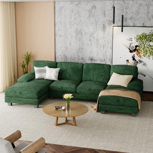 Furniwell Convertible Sectional Sofa Couch, 4 Seat Sofa Set for Living Room U-Shaped Modern Fabric Modular Sofa Sleeper with Double Chaise & Memory Foam (Green)