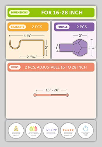 Ivilon Drapery Treatment Window Curtain Rod - Faceted Hexagonal 1 inch Pole. 28 to 48 Inch. Satin Nickel