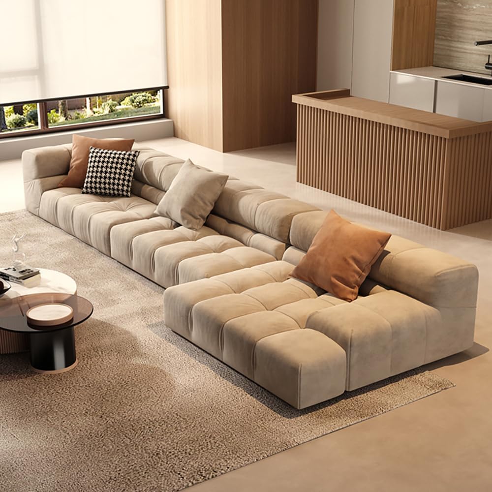 Living Room Sectional Sofa with Chaise Lounge, Ottoman, Beige