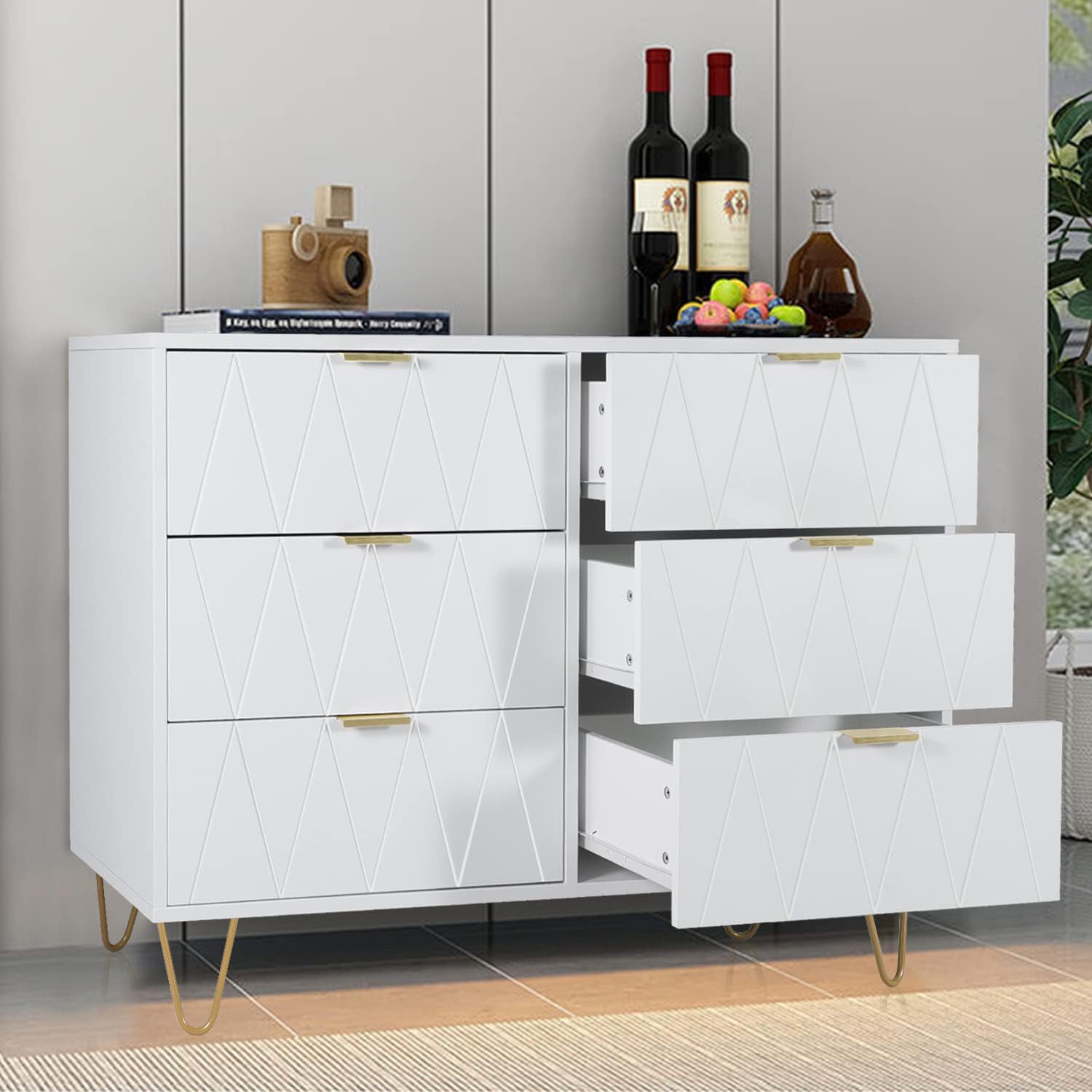Anbuy White Dresser for Bedroom with 6 Wide Drawers, Modern Tall Chest of Drawer Wood Storage Cabinet Organizer with Metal Gold Legs for Bedroom, Living Room