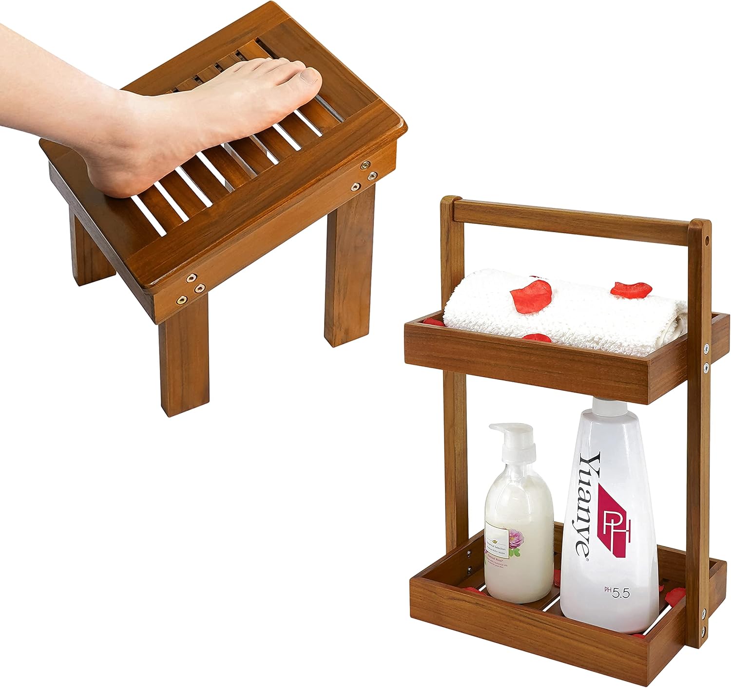 Utoplike Teak Wood Shower Foot Stool for Shaving Legs 2 Tier Shower Caddy Organizer