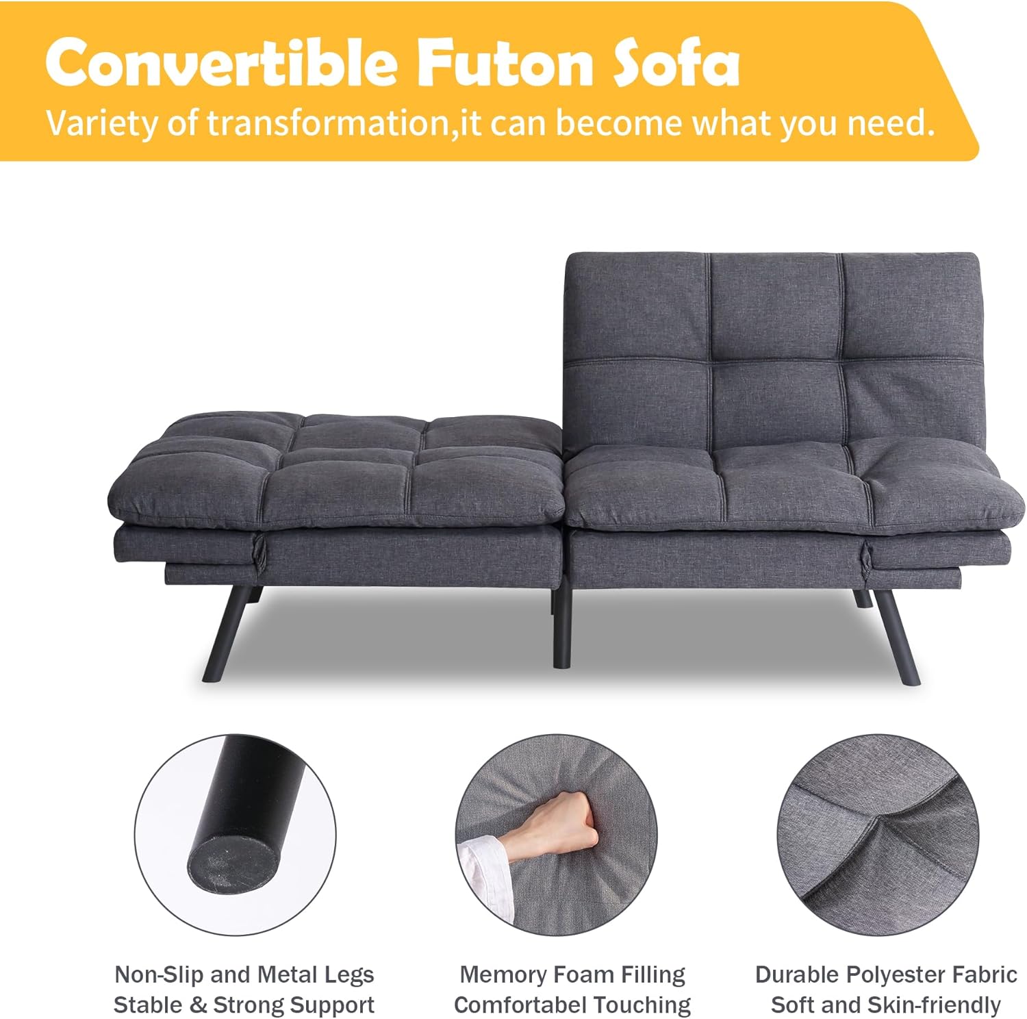Bed,Grey Linen Futon Couch Small Foldable Loveseat Sofas