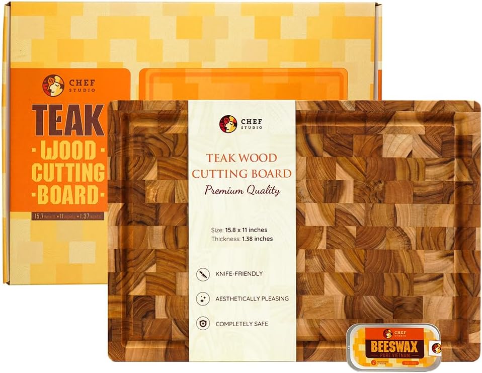 Large Teak Wood Cutting Board, End Grain Butcher Block Cutting Board For Kitchen, Big Wooden Kitchen Carving Chopping Boards, Juice Groove, Reversible, Hand Grips, Size 15.8x11x1.37 inch