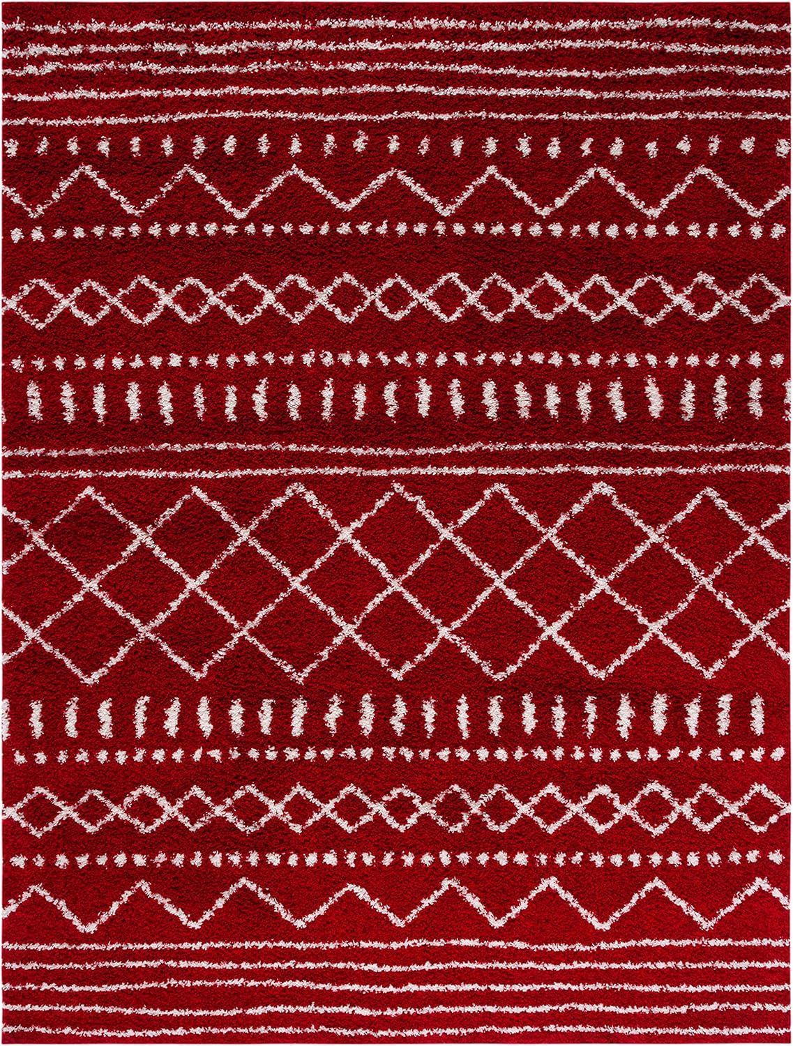 SAFAVIEH Arizona Shag Collection Area Rug - 9' x 12', Red & Ivory, Moroccan Design, Non-Shedding & Easy Care, 1.6-inch Thick Ideal for High Traffic Areas in Living Room, Bedroom (ASG741Q)