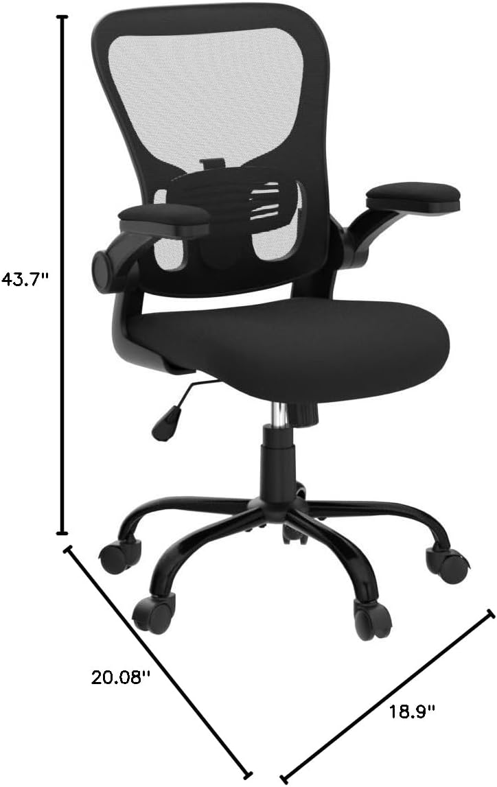 Office Chair Ergonomic Desk Chair - Mesh Adjustable Height Computer Chair with Lumbar Support and Flip-up Armrests, BIFMA Swivel Executive Task Chair for Home Office（Black）