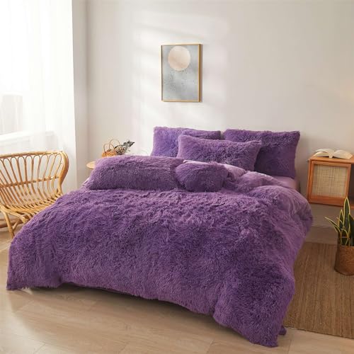 Fluffy Faux Fur dark grey Comforter Cover Set Queen - Ultra Soft Plush dark grey Bedding Sets 3 Pieces (1 fluffy duvet cover + 2 Faux Fur Pillow case) Cute dark grey Bed Set (Dark Grey, Queen)