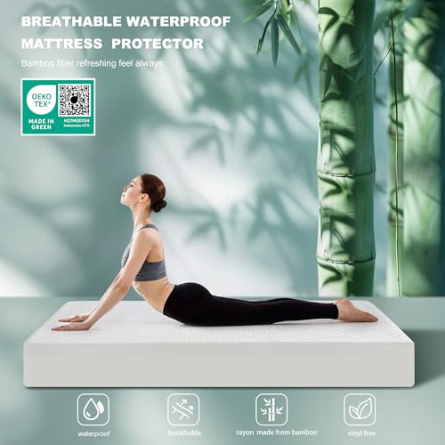 GRT Waterproof Mattress Protector Queen Size, Breathable 3D Air Fabric Cooling Rayon Made from Bamboo Mattress Cover, Smooth Soft Noiseless Mattress Pad Machine Washable, Fitted 8''- 26'' Deep Pocket