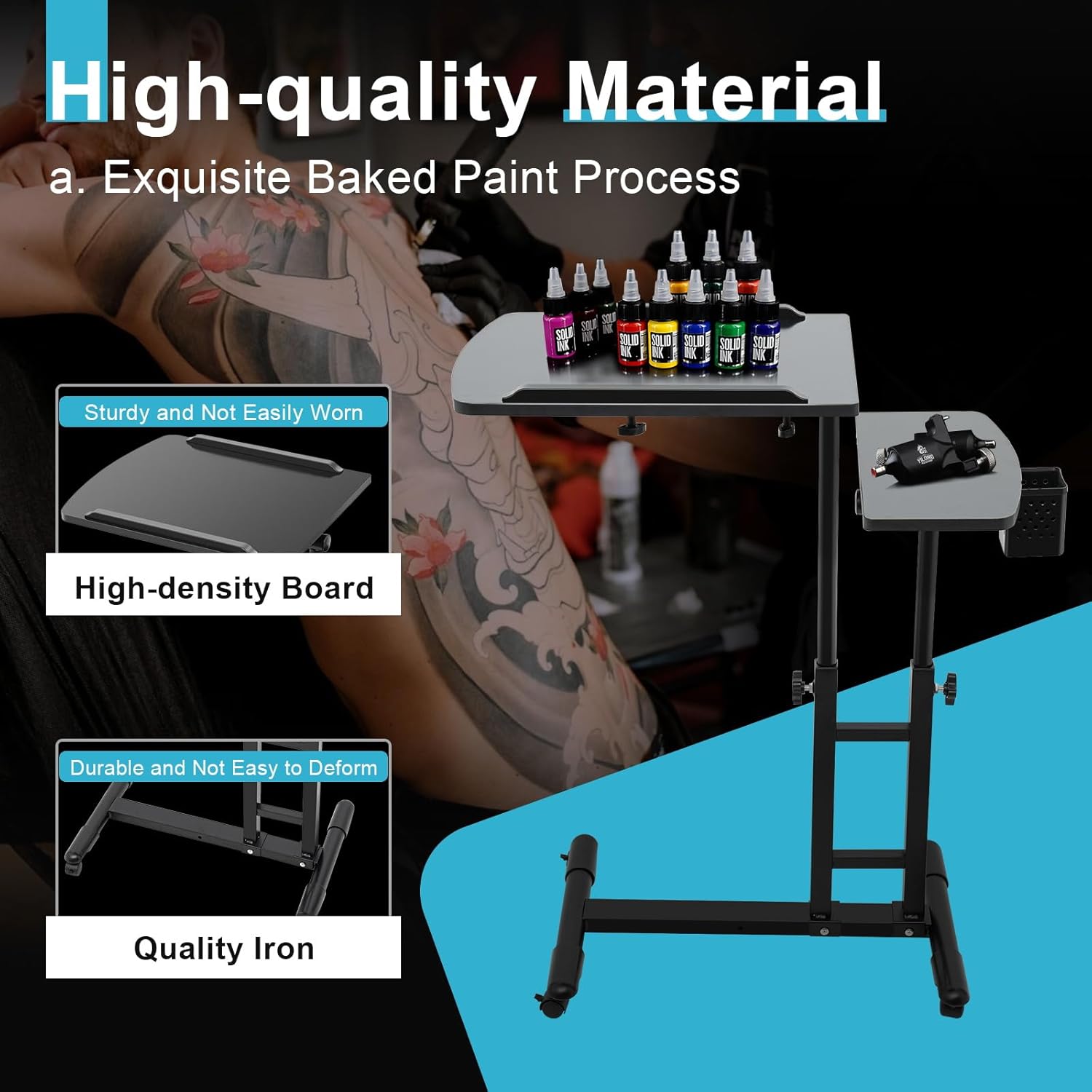 Tattoo Mobile Work Station - Stand Adjustable Tattoo Desk Table, Detachable New Portable Black Tattoo Armrest Stand, Portable Table with Wheels + Multi-Angle Adjustment, 360° Rotating, Black