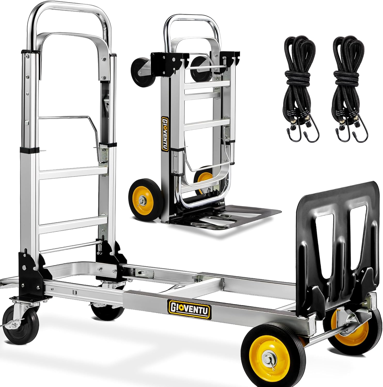 Upgraded 3 in 1 Convertible Hand Truck Dolly, 440 lb Capacity Folding Hand Truck Dolly Cart, Aluminum Dolly Hand Truck with Rubber Brake-Wheels, Anti-Slip Strip & 2 Bungee Ropes for Luggage Office Use