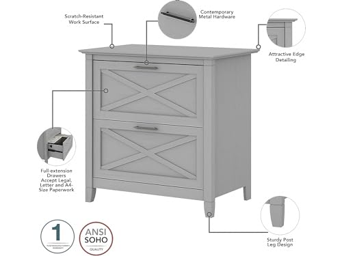 Bush Furniture Key West 54W Computer Desk with 2 Drawer Lateral File Cabinet and 5 Shelf Bookcase in Pure White and Shiplap Gray