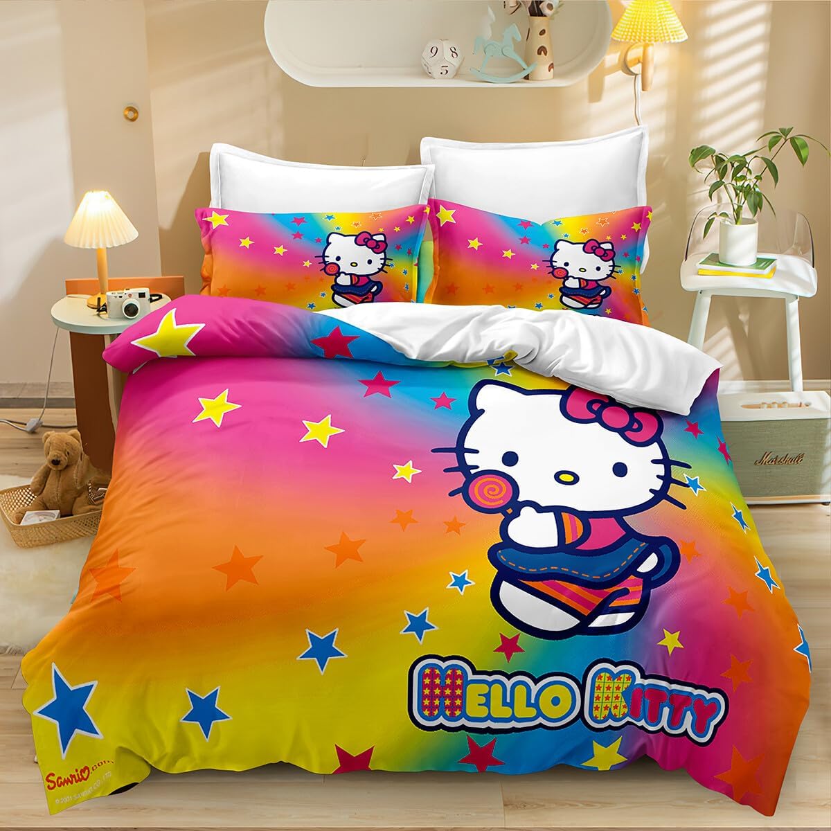 The Girls Hello Cat Printed Bedding Set,3 Piece 3D Kitty Flowers Printed Printed Quilt Cover Set with Zipper Closure,Gifts for for Kids Teenagers Adult,1 Duvet Cover with 2 Pillowcases