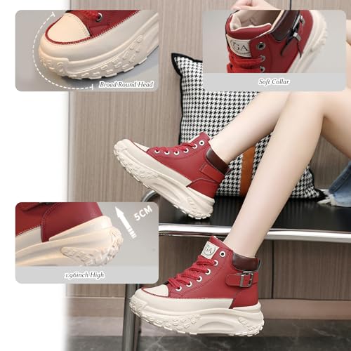 Women's Genuine Leather Lace-Up Platform Sneakers,Outdoor Non-Slip Comfortable High-Top Walking Casual Sneakers