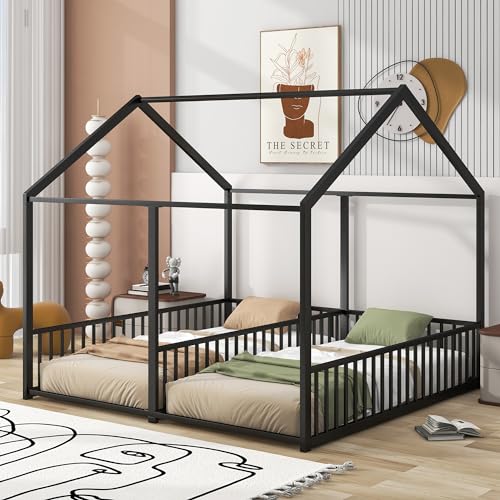 Metal Double Twin Size House Platform Beds, Two Shared Twin Bed, Heavy Duty Low Floor House Bed Frame with Guardrails and Roof for Boys and Girls, Black