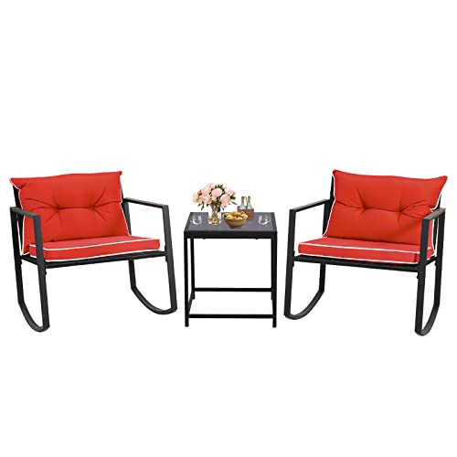 3PCS Set Rattan Wicker Rocking Chair - Bistro Furniture Set with Coffee Table, Garden Patio Yard Porch Balcony Furniture All- Weather Wicker Rocker Chair with Cushions