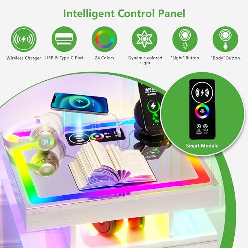 HNEBC RGB Nightstand with Auto lights, High Gloss Bedside Tables with Wireless Charging Station,Night Stand with 3 Drawers,Floating LED Nightstand with Adjustable Brightness/Side Table (Black)