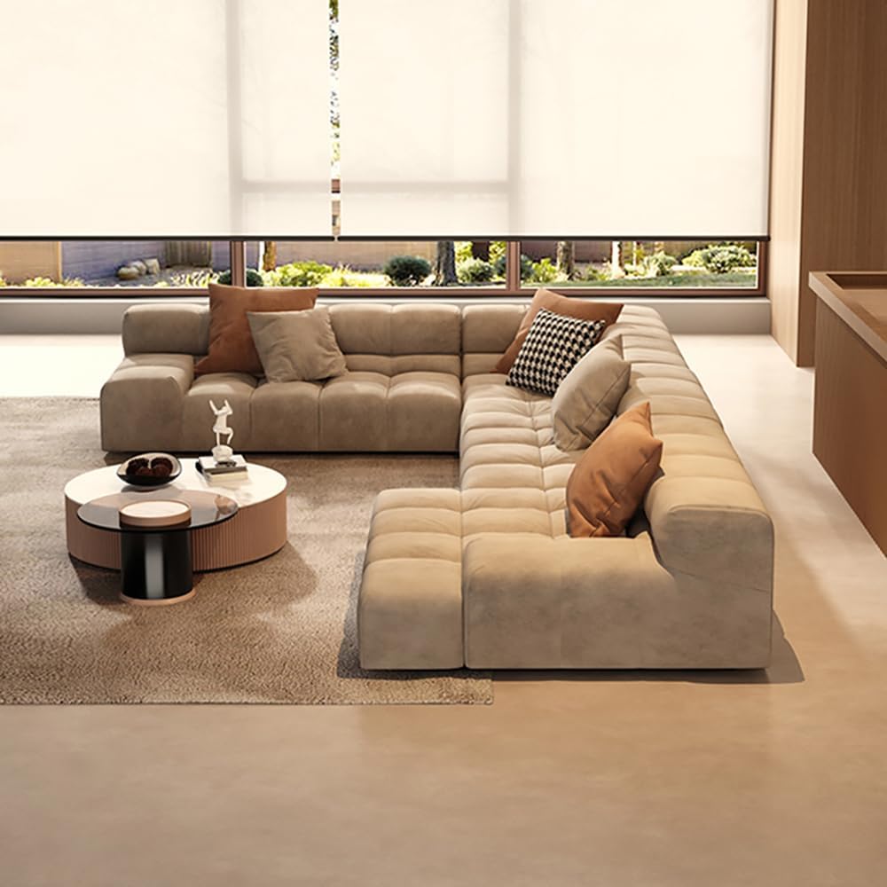 Living Room Sectional Sofa with Chaise Lounge, Ottoman, Beige