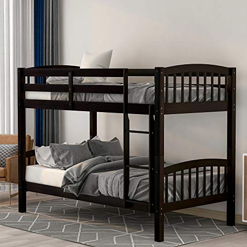 Twin Bunk Bed, Solid Wood Twin Over Twin Bunk Bed Frame with Ladder for Kids, Teens. (Espresso-B)