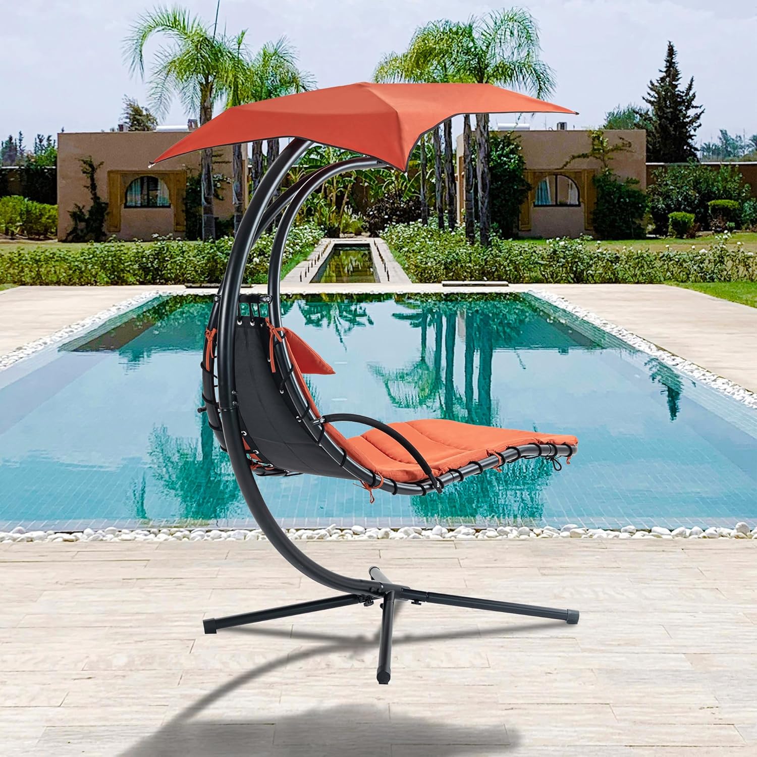 Lounger Chair with Removable Canopy and Built-in Pillow, Hanging Curved Hammock Chaise Lounge Outdoor Swing for Patio Porch Poolside(Orange)