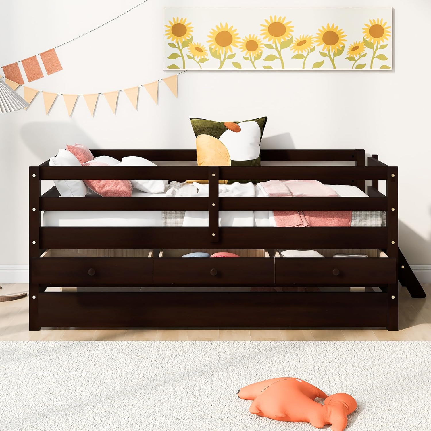 Multifunctional Design Twin Size Low Loft Bed with Climbing Ladder and Full Safety Fence,Solid Wood Bedframe with 3 Storage Drawers and Trundle,Space-Saving,for Kids ﻿ (Espresso Solid Wood Bed)