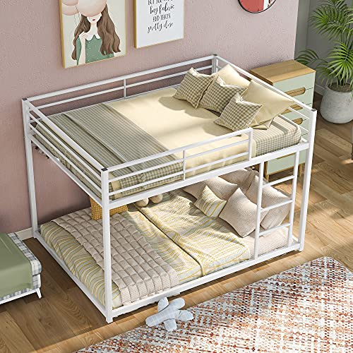 Full Over Full Bunk Bed Metal Bunk Bed Low Bunk Bed with Full-Length Guardrails&Ladder, 2 in 1 Bed Frame, No Box Spring Need (Full,White)