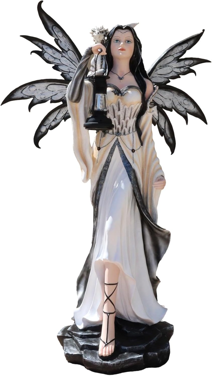 Ebros Gift Large 4 Feet Spell Caster Winter Snow White Fairy with White Dragon and Solar LED Lantern Light Statue Faery Garden Fantasy Fairies and Pixies Collection