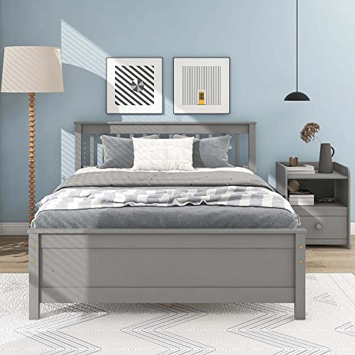 Full Size Platform Bed with A Nightstand, Upholstered Bed Frame with Headboard and Footboard for Teens, Adults, White