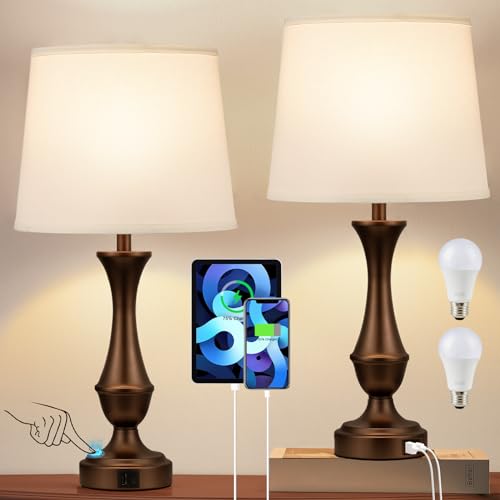 Touch Lamps for Bedrooms Set of 2 - Nightstand Table Lamp with USB C+A, 3 Way Dimmable Bedside Lamps for Living Room End Tables Set of 2, Farmhouse Night Stand Lamps(White&Nickel)