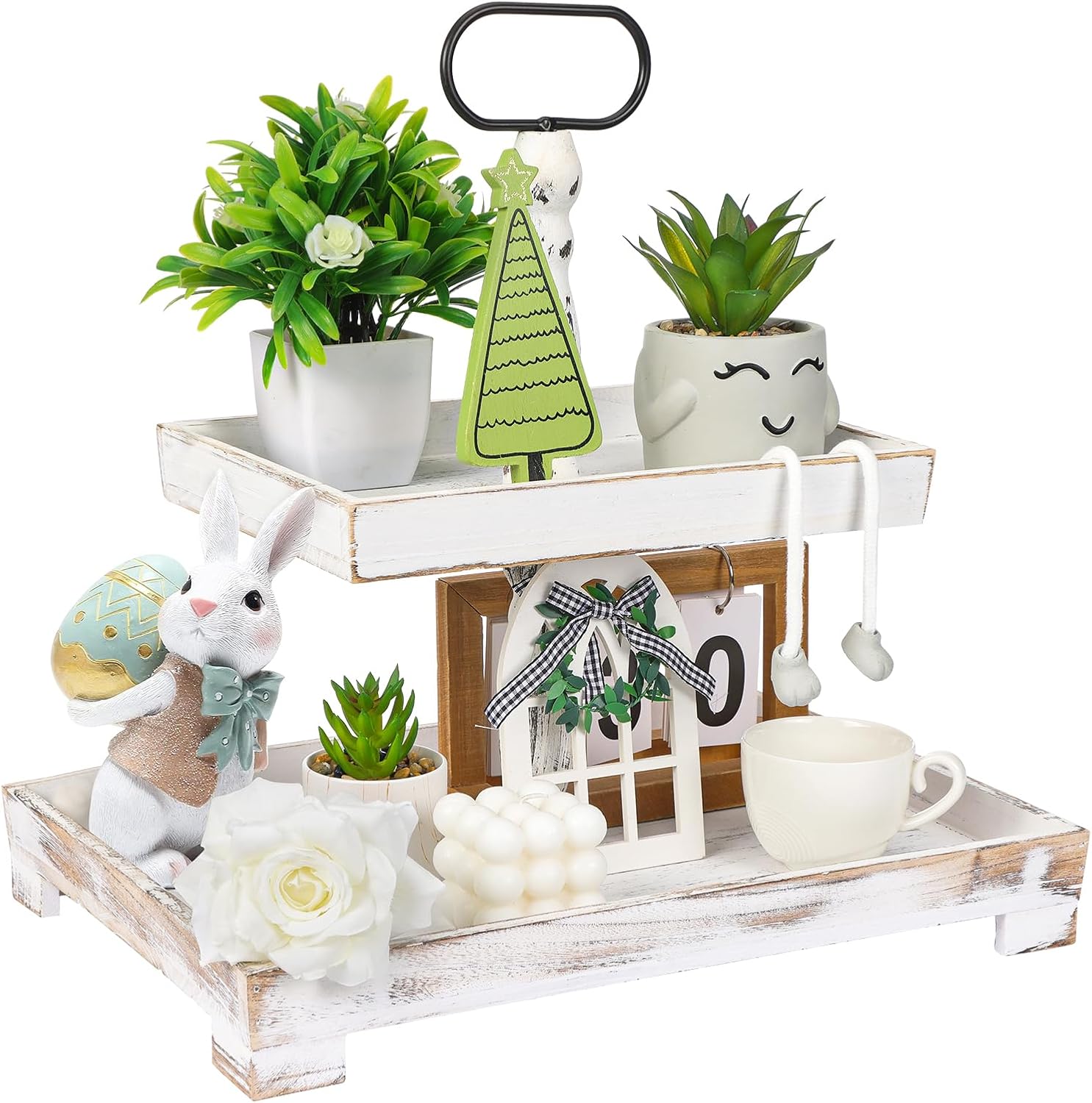 YGEOMER Wooden Tiered Tray for Farmhouse Kitchen, Living Room Centerpiece, Coffee Table Decor, Two Tier White Tray with Handle for Holiday Decoration, Christmas, Easter (Decors Not Included)