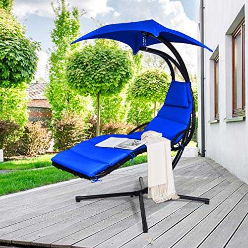 S AFSTAR Hanging Chaise Lounger with Removable Canopy, Outdoor Swing Chair with Built-in Pillow, Hanging Curved Chaise Lounge Chair Swing for Patio Porch Poolside, Hammock Chair with Stand (Orange)
