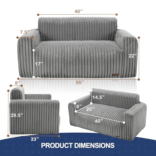 Bean Bag Chairs for Adults Large Fluffy Bean Bag Sofa Two-seat BeanBag Chair with Armrest Plush Comfy Chair with Handle Foam Loveseat for Living Room, Bedroom, Apartment, Dorms(Grey, Large)