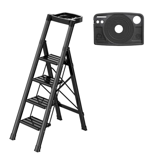 Step Ladder 4 Step Folding Step Stool with Handgrip Anti-Slip Wide Pedal Aluminum Portable Lightweight Household Stepladders for Home and Kitchen 330 lbs Capacity (Brown Gold)