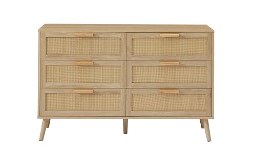 Bedroom Dresser, 8 Double Dresser with Rattan Drawers, Wood Chest of Drawers for Kids Room, Living Room, Entry and Hallway