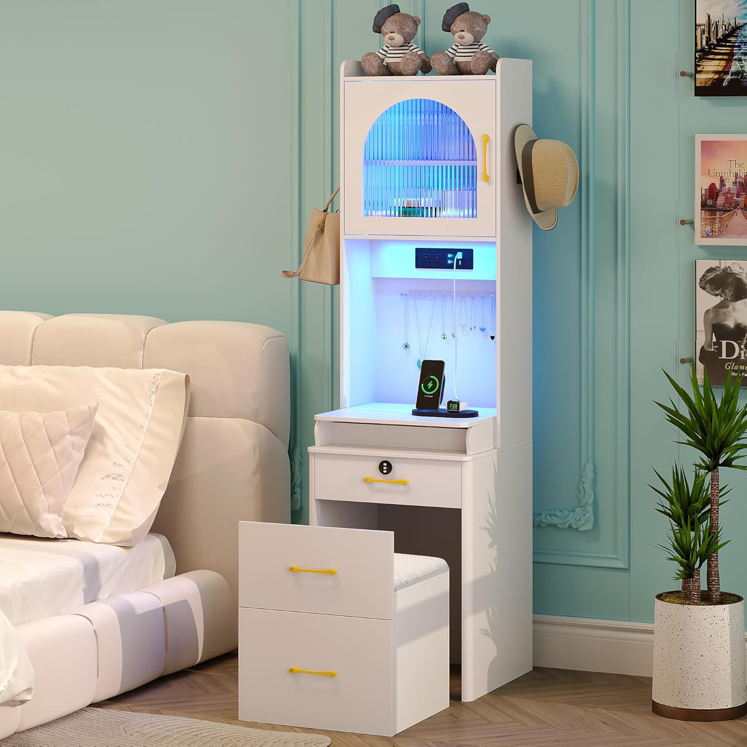 Makeup Vanity Desk with Mirror & Lights: Vanity Table with Charging Station for Bedroom, Large Storage Vanity Set with Lock Drawers & Human Sensor LED Lights Brightness Adjustable (White)