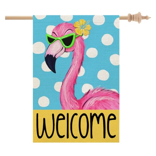 CROWNED BEAUTY Summer Garden Flag Flamingo 12x18 Inch Double Sided Small Burlap Holiday Polka Dots Welcome Flag for Outside Yard