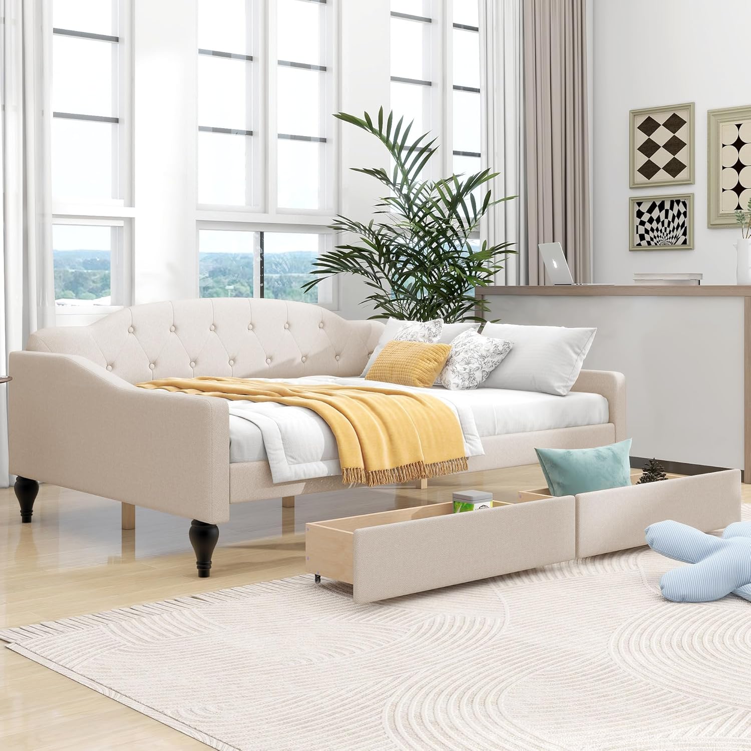 Upholstered Full Daybed with 2 Storage Drawers, Full Size Daybed Frame with Button Tufted and Wingback Design, Wooden Full Sofa Bed for Livingroom Bedroom, No Box Spring Needed,Beige