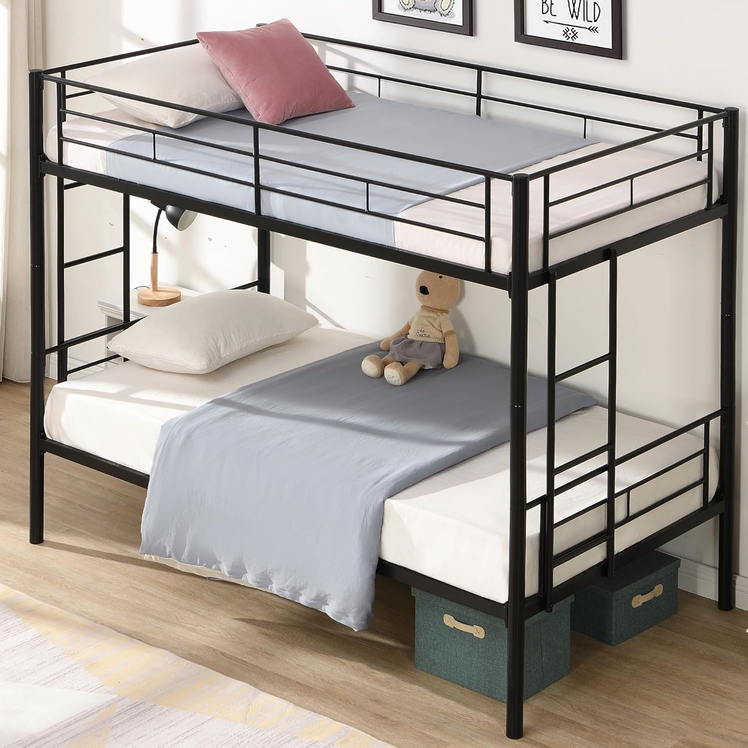 Bellemave Twin Over Twin bunk Bed Frame, Twin bunk Bed with 2 Ladders Metal bunk Bed with Storage Space and Full-Length Guardrail, Twin bunk beds for Kids and Teens & Adults, Noise Free,（Black）