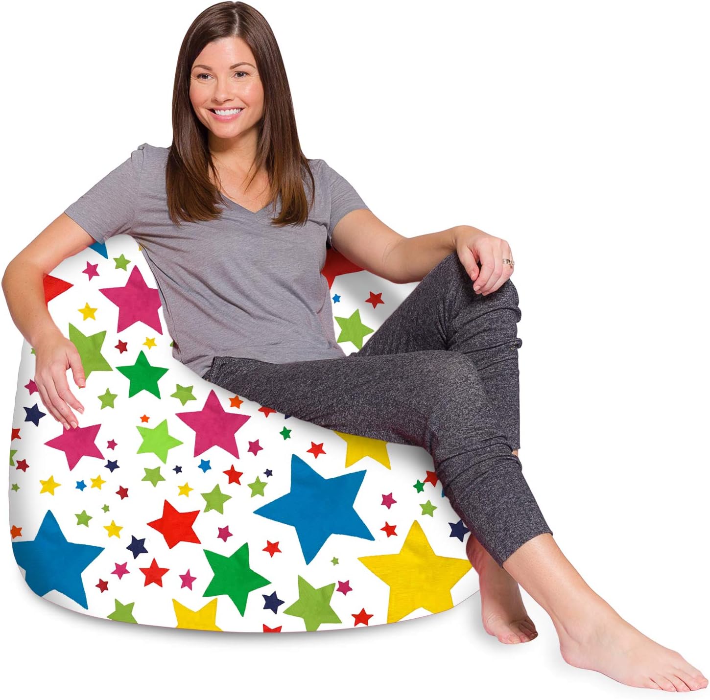 Posh Creations Bean Bag Chair for Kids, Teens, and Adults Includes Removable and Machine Washable Cover, 48in - X-Large, Canvas Stars Bright Multi-Colored