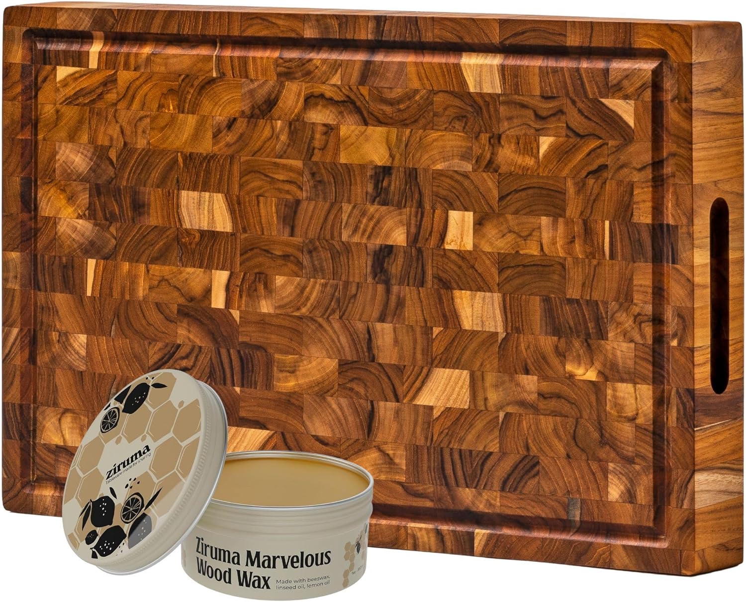 Set of Cutting Board and Beeswax - Includes an End Grain Butcher Block Made of Teak Wood [16