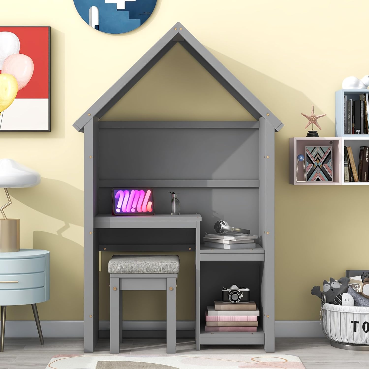 Beds House Shaped Set for Kids, Wooden Dressing Table with Detachable Cushion Stooll, Children's Room Storage Bookshelf Desk and Chair, Grey, Full