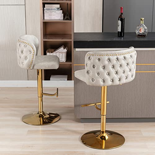 Bar Stools Set of 2, Modern PU Leather Adjustable Swivel Barstools, Armless Upholstered Kitchen Breakfast Bar Stools, Counter Height Bar Chairs with Back Tufted (2, Beige)