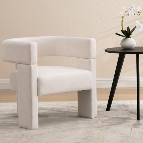 Shunzhi Modern Barrel Accent Chair Linen Upholstered Living Room Accent Chair with Open Back/Arms Comfy Side Chair Single Sofa Chair for Living Room/Bedroom/Reading, Beige