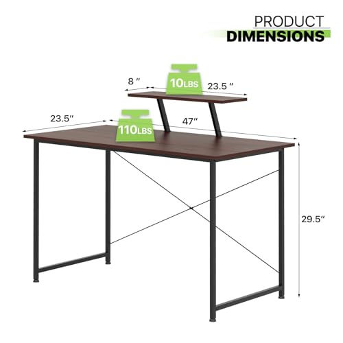 Magshion 47 Inch Computer Desk, Computer Desk with Shelves, Home Office Writing Desk, PC Table withe 2 - Tier, Black Metal Frame, Rustic Brown