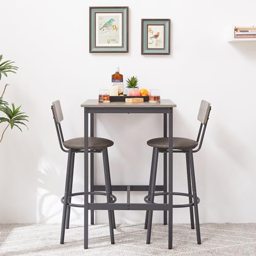 Bar Table Set, 3 Piece Pub Dining Set, Modern bar Table and Stools for 2 Kitchen Counter Height Wood Top Bistro Easy Assemble for Breakfast Nook Living Room Small Space Restaurant (Grey)