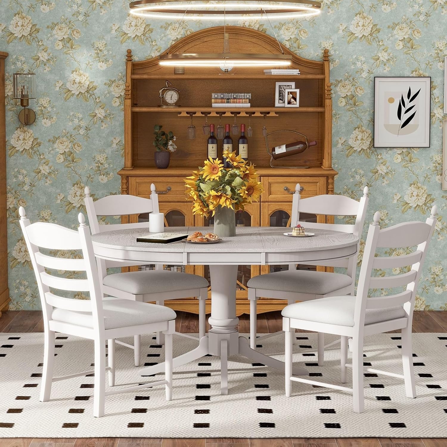 5-Piece Retro Functional Dining Table Set Wood Round Extendable Dining Table and 4 Upholstered Dining Chairs (White),Antique White