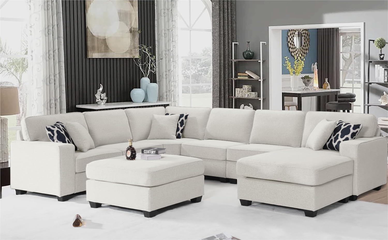 137'' Reversible Flexible Combination Modular Sofa Couche with Ottoman Sectional, Cream