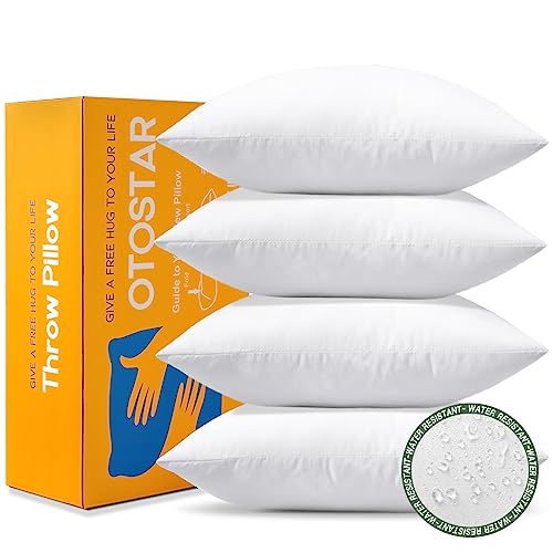 OTOSTAR 4 Pack Premium Waterproof Pillows Inserts, 18 x 18 Outdoor Decorative Throw Pillow Inserts Soft Fluffy Plump Cushion Inserts for Patio Garden Bench Farmhouse Sofa Couch Bed, White