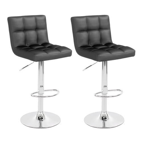Modern PU Leather Bar Stools Set of 2, Adjustable Swivel Square Bar Chairs, Counter Height Barstools with Arms and Large Base for Island/Kitchen(White)