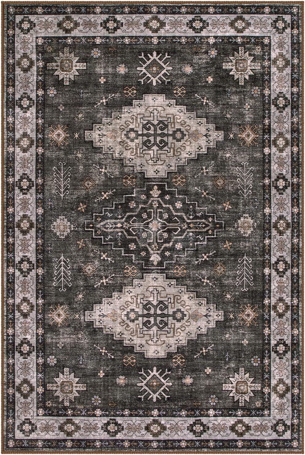 Lahome 6x9 Rug for Living Room, Machine Washable Soft Bedroom Area Rug, Ultra-Thin Non Slip Dining Room Rug, Throw Vintage Print Distressed Room Carpet for Bedroom Office (Brown, 6'x9')