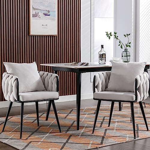 Warmiehomy Velvet Dining Chairs Set of 2, Woven Upholstered Vanity Chairs with Pillow and Metal Legs, Modern Accent Chairs for Living Room, Dining Room, Vanity, Kitchen,Beige